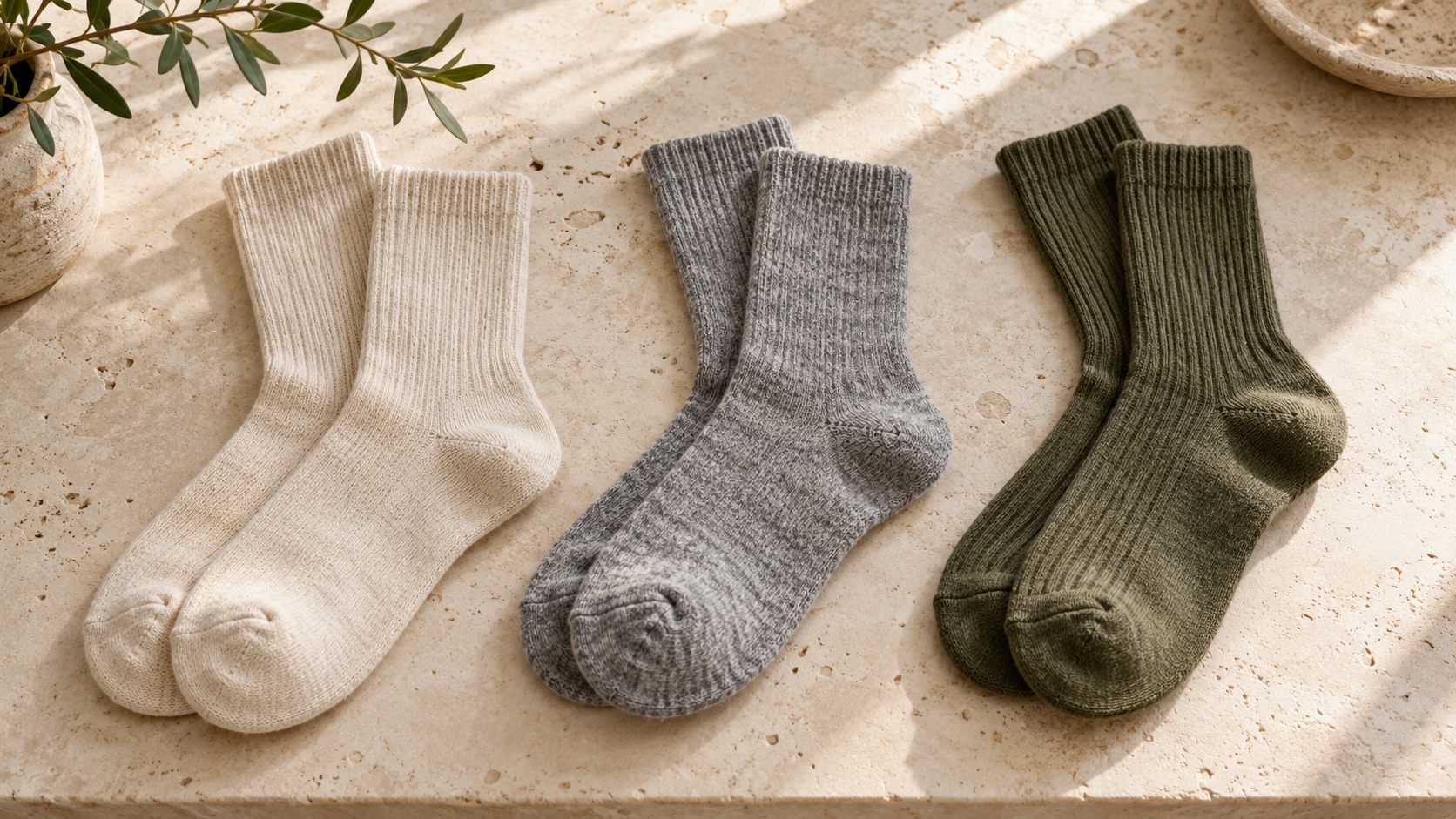 Three pairs of knitted crew socks in oatmeal, heather gray, and olive on a pale stone surface.